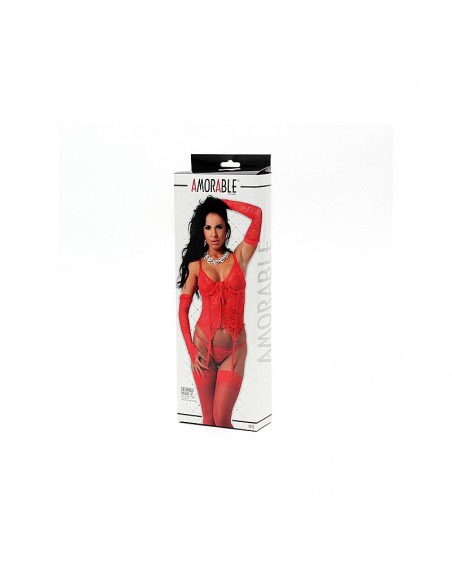 Set de 4 Piezas Corset Tanga Guantes y Medias